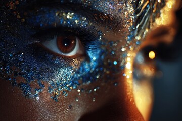 Poster - Close-up of a woman's face adorned with blue and gold glitter, showcasing artistic makeup, with sparkling glitter around the eye and dramatic lighting effects.
