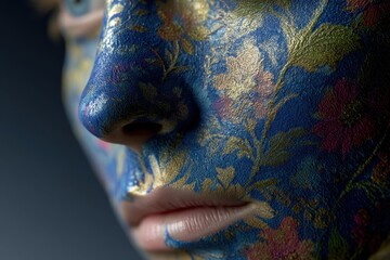 Poster - Close up of a woman's face covered in intricate floral body paint design, featuring blue base and gold accents, artistic portrait with an elegant composition