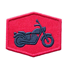 Red embroidered patch features blue motorcycle design, showcasing hexagonal shape. patch is detailed and suitable for clothing or accessories, adding touch of style