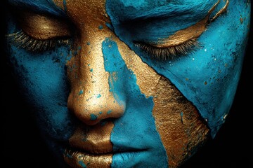 Poster - Abstract portrait of a woman with closed eyes, adorned with gold and turquoise paint, showcasing an artistic expression of beauty and transformation on a dark background