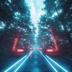 Poster - Futuristic car race neon forest digital art virtual environment aerial view high-tech concept