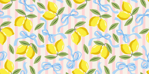 Seamless pattern with yellow lemons, blue bows, and green leaves on soft pink stripes. A cheerful design with Italian summer mood — perfect for fabric, packaging, and seasonal decor.