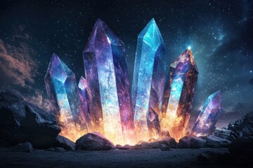 Poster - Ethereal crystal growth celestial landscape digital art galactic environment wide angle magical concept