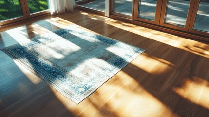 Poster - Sunlit living room with elegant rug modern home interior design bright environment wide angle view