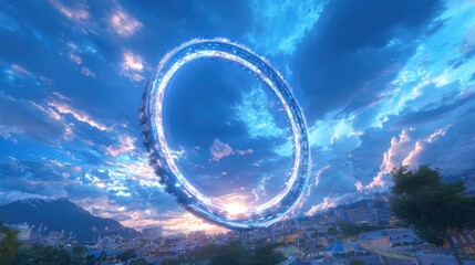 Poster - Futuristic portal event urban city digital art twilight environment aerial view surreal concept