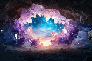 Poster - Mystical crystal cave exploration fantasy realm digital art enchanted environment vibrant viewpoint imagination