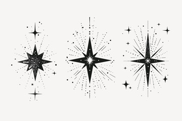 Fototapete - Star shapes set. Abstract random pencil and crayon kids drawing. Spiky geometric vector elements. Hand drawn rough edge sparkles set on pastel background