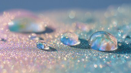 Poster - Close up of water droplets on a sparkling surface with iridescent reflections and soft pastel colors