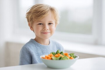 Poster - child happily enjoys healthy meal while seated at white table with ample natural light streaming in