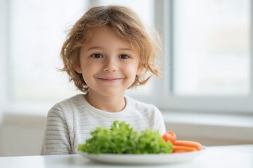 Poster - child happily enjoys healthy meal while seated at white table with ample natural light streaming in