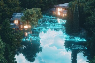 Poster - Futuristic reflection of smart homes over water tranquil forest setting digital landscape aerial view technology concept