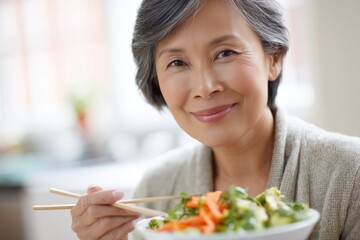 Poster - middle-aged asian woman savors colorful vegetarian dish in clean surroundings