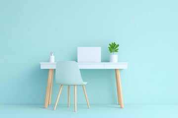 Poster - minimalistic 3d illustration of modern home workspace with sleek desk and laptop