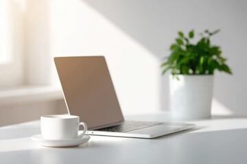 Poster - minimalistic home workspace featuring laptop coffee cup and potted plant on sleek desk