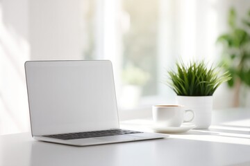 Poster - minimalistic home workspace featuring laptop coffee cup and potted plant on sleek desk