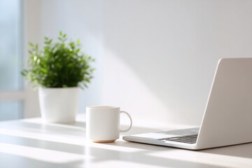 Poster - minimalistic home workspace featuring laptop coffee cup and potted plant on sleek desk