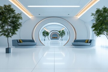 Poster - Futuristic lounge design modern building interior space minimalist aesthetic straight-on view tranquil ambiance
