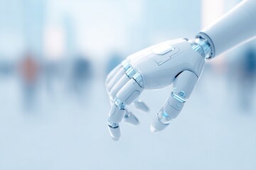 Poster - robotic hand reaching towards front of frame with blurred figures in background for of integration in society clean