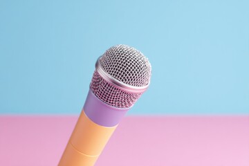 Poster - single vintage microphone stands alone on lively colorful background bathed in bright studio light