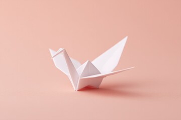 Poster - single white origami crane centered on solid pastel background