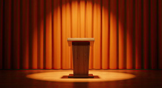 Spotlight on Success: Wooden Podium on Dramatic Orange Stage