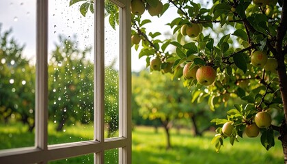 Wall Mural - rainy day orchard view.