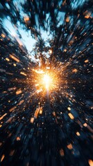 Poster - Dynamic explosion of light through trees nature scene action shot forest environment close-up view abstract concept