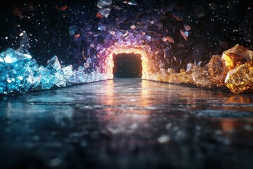 Poster - Exploring a crystal-lit cave fantasy realm digital art enigmatic environment low angle view mystical journey