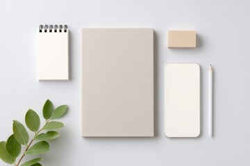 Poster - calm minimalistic graphic design studio with clean tools sketch pads and digital screens emphasis on neutral tones