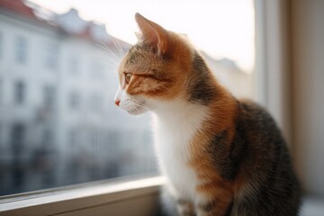 Poster - close-up of cat sitting on urban windowsill