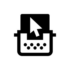 Poster - A black and white icon of a printer with a cursor pointing into the paper tray filled with dots inside