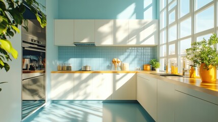 Poster - Bright and modern kitchen design urban apartment interior photography natural light aesthetic appeal