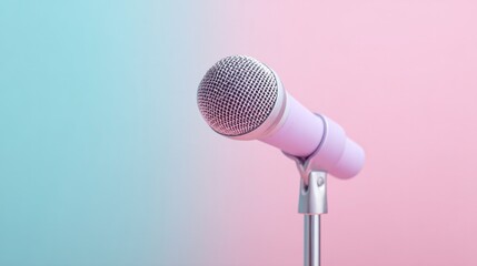 Poster - close-up of single retro microphone on stand against pastel background for simplicity