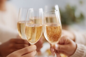Poster - close-up of diverse hands raising glasses in toast at festive gathering emphasizing joyful