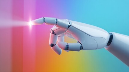 Poster - humanoid robot hand interacts with futuristic digital interface against vibrant color background