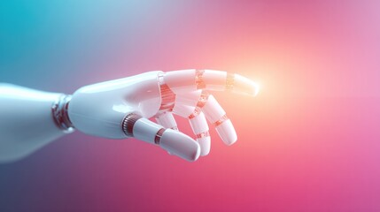 Poster - humanoid robot hand interacts with futuristic digital interface against vibrant color background