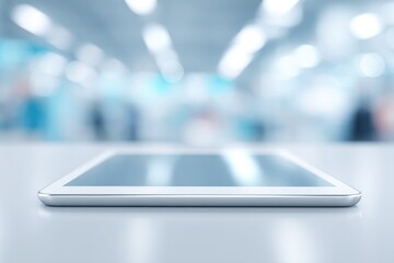 Poster - minimalist photo of modern electronics with people in background blurred for depth and focus