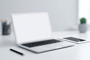 Poster - minimalistic interactive presentation scene on modern desk with laptop digital tablet and stylus pen