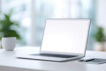 Poster - minimalistic interactive presentation scene on modern desk with laptop digital tablet and stylus pen