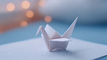 Poster - minimalistic origami crane resting on plain sheet of white paper
