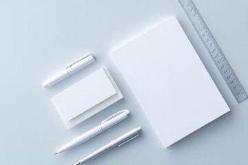 Poster - minimalistic stationery set for graphic design with pens papers and rulers neatly arranged on desk