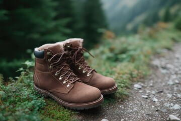 Poster - of solitary hiker boots on mountain path surrounded by vegetation