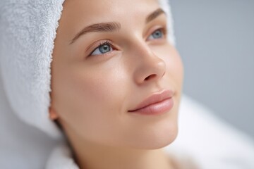 Poster - portrait of client in beauty salon receiving treatment surrounded by clean minimalistic design elements