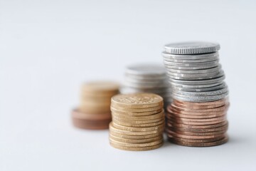 Poster - stacks of various currency coins neatly arranged on plain white surface with ample copy space setup emphasizes minimalistic