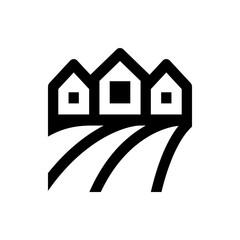 Poster - Three stylized houses with square windows above curved lines representing a landscape in black and white