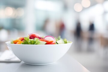 Poster - bright bowl of colorful salad sits on pristine white tabletop as blurred figures pass by in backgrou
