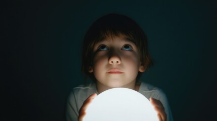Aufkleber - child gazing wide-eyed at mysterious glowing object minimalistic background