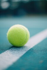 Aufkleber - close-up shot of tennis ball resting on line of court highlighting its texture and vibrant color