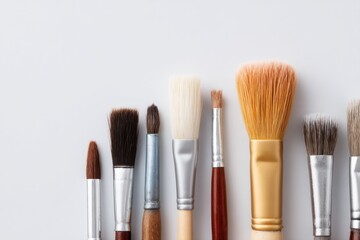 Aufkleber - flat lay of varied style paintbrushes on plain white canvas with ample copy space around brushes