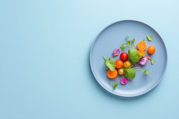 Poster - minimalist top-down view of colorful fresh vegetarian ingredients scattered artistically on solid color plate placed